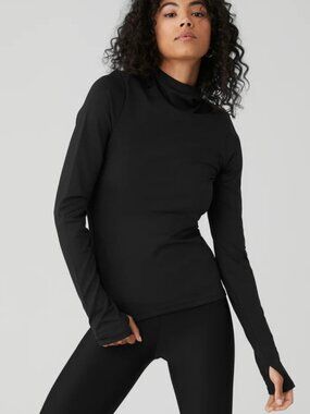 Alo Airlift Winter Warm Hooded Runner Black Brushed Fleece Hood Pullover Hoodie